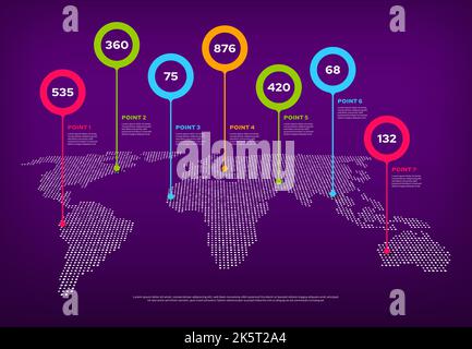 World map infographic with pointers. Country landmark marker, travel data, information visualization or vector infographics chart. Worldwide location, international communication, connection graph Stock Vector