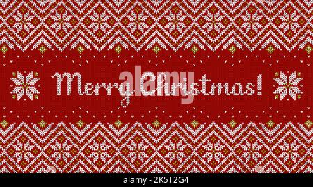 Merry Christmas banner with knitted background. Red, green and white sweater pattern with traditional scandinavian ornament and greeting text. Vector Stock Vector