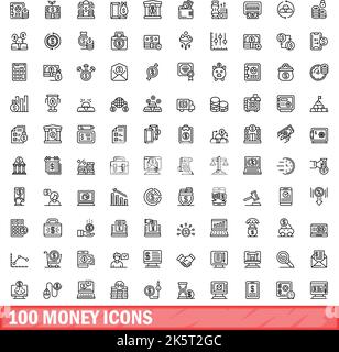 100 money icons set. Outline illustration of 100 money icons vector set isolated on white background Stock Vector