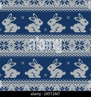 Knitted seamless pattern for 2023 new year of the rabbit. Vector background with cute bunnies and scandinavian ornaments. Dark blue and white sweater Stock Vector