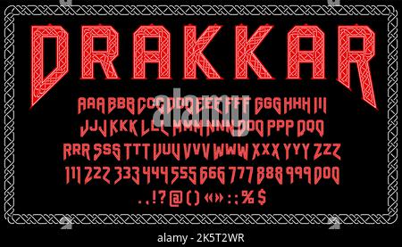 Viking font, typeface, type alphabet. Medieval alphabet complete typeset with punctuation and numeral symbols, scandinavian ornament ABC vector letters and digits complete font Stock Vector