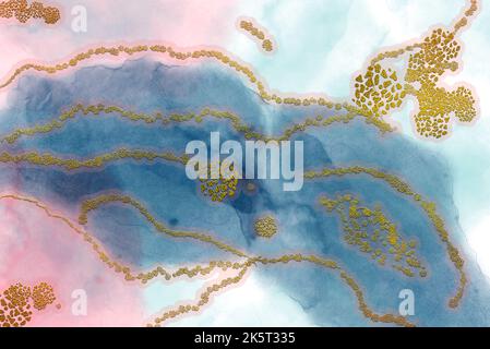 Astract alcohol ink background with golden lines Stock Photo