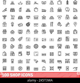 100 shop icons set. Outline illustration of 100 shop icons vector set isolated on white background Stock Vector