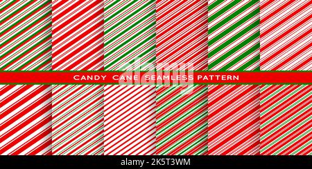 Candy cane seamless pattern. Christmas celebration background, winter holidays fabric print. Xmas gift wrapping paper seamless patterns, pepermint cane candies striped red and green backdrops set Stock Vector