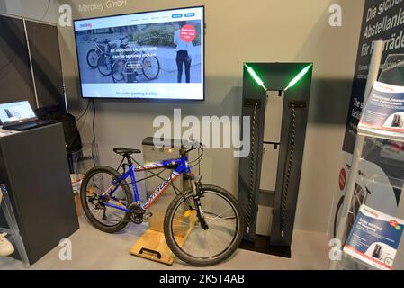 Merokey smart bicycle locking system on display at Innotrans world transport expo. Berlin, September 2022 Stock Photo