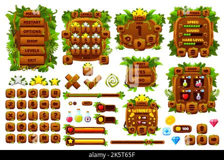 Jungle game interface. Ui game buttons, gui elements with vector palm leaves and exotic tropical forest liana plants. Wood option menu, progress bar and level panel, action buttons game asset Stock Vector
