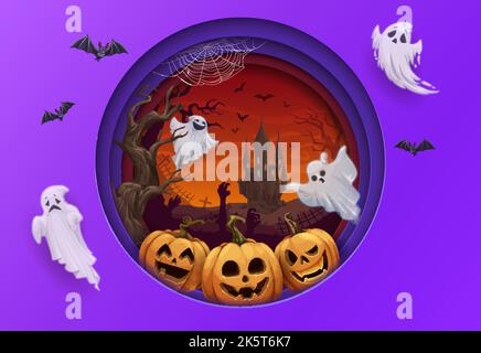 Halloween paper cut with ghosts and castle landscape. Jack o lantern pumpkin smiling faces, scary cartoon ghosts or spirits characters, zombie hands on cemetery and horror castle vector background Stock Vector