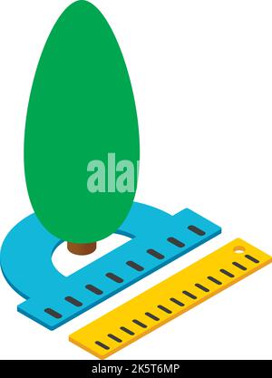 Measurement concept icon isometric vector. Decorative tree, protractor and ruler. Measuring, stationery Stock Vector