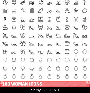 100 woman icons set. Outline illustration of 100 woman icons vector set isolated on white background Stock Vector
