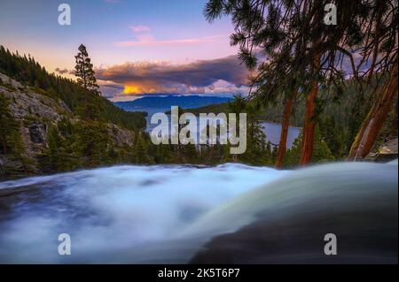Sunset above Lower Eagle Falls and Emerald Bay, Lake Tahoe, California Stock Photo