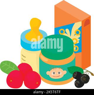 Baby food icon isometric vector. Children bottle, pack porridge, jar of baby food. Natural ingredient, healthy nutrition Stock Vector