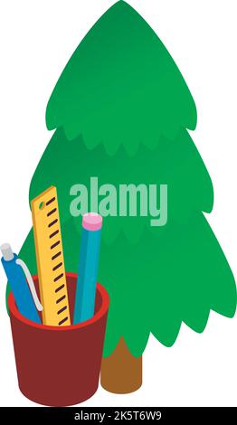 School accessory icon isometric vector. Stationery in pen holder near pine tree. School office, education concept Stock Vector