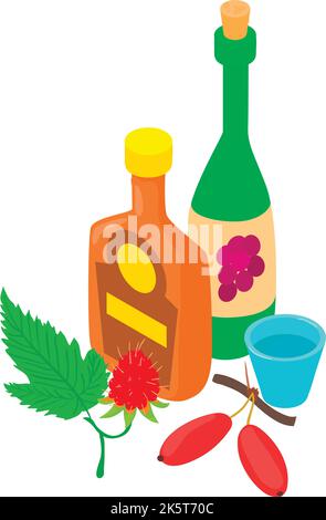 Alcoholic beverage icon isometric vector. Cognac bottle, wine bottle and glass. Alcoholic drink Stock Vector