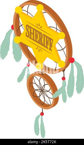Wild west icon isometric vector. Sheriff badge gold star and dreamcatcher icon. American west concept Stock Vector