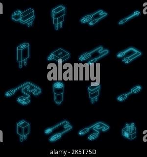 Charger icons set. Isometric set of charger vector icons neon color on black Stock Vector