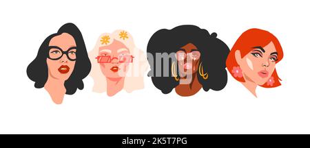 Hand drawn vector abstract stock flat graphic illustration collection set with retro vintage groovy disco 60s,70s boho modern diverse woman portraits Stock Vector