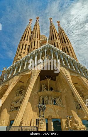 The south face of the Sagrada Familia, Basílica de la Sagrada Familia designed by Antoni Gaudi in Barcelona Spain. Stock Photo