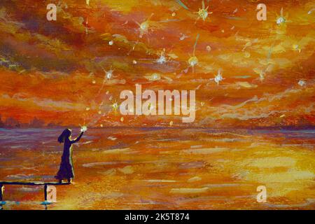 Oil painting girl launches magical stars on a beautiful landscape illustration art Stock Photo