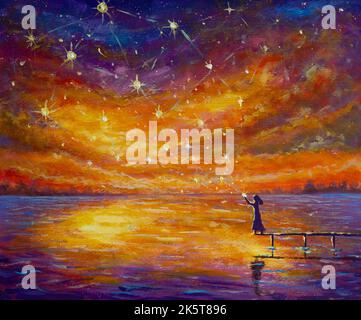 Fairy tale painting illustration of girl on bridge launches magical stars into sunset over river. Acrylic painting for fairy tale book or poster Stock Photo
