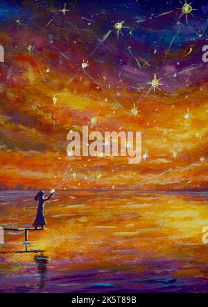 Fairy tale painting illustration of girl on bridge launches magical stars into sunset over river. Acrylic painting for fairy tale book or poster Stock Photo