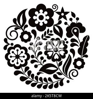 Mexican folk art style vector round floral pattern, black and white nature design inspired by traditional embroidery from Mexico Stock Vector