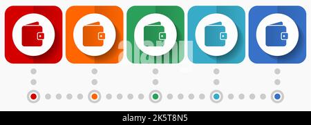 Purse, wallet vector icons, infographic template, set of flat design symbols in 5 color options Stock Vector