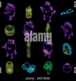 Healthy heart icons set. Isometric set of healthy heart vector icons neon color on black Stock Vector