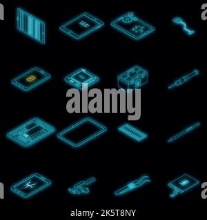 Tablet repair icons set. Isometric set of tablet repair vector icons neon color on black Stock Vector