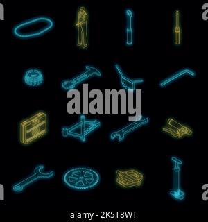 Bicycle repair icons set. Isometric set of bicycle repair vector icons neon color on black Stock Vector
