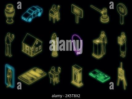Auction icons set. Isometric set of auction vector icons neon color on black Stock Vector