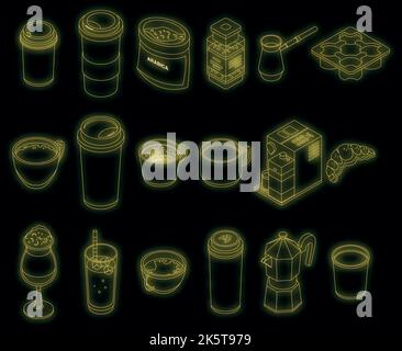 Coffee icons set. Isometric set of coffee vector icons neon color on black Stock Vector