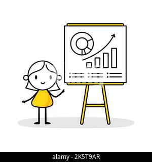 Woman analyzes chart and graph data, working with data visualization on chart board. Digital data analysis concept. Vector stock illustration. Stock Vector