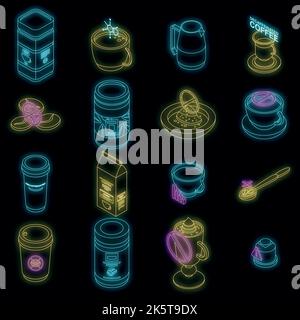 Decaffeinated coffee icons set. Isometric set of decaffeinated coffee vector icons neon color on black Stock Vector