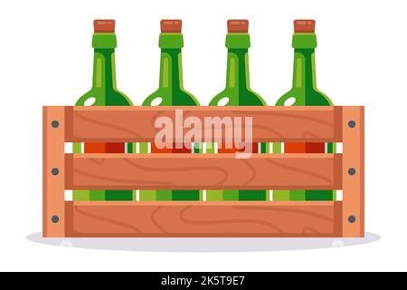wooden box with glass wine bottles. alcohol in the package. flat vector illustration. Stock Vector