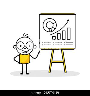 Man analyzes chart and graph data, working with data visualization on chart board. Digital data analysis concept. Vector stock illustration. Stock Vector