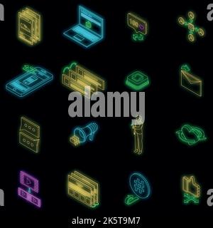 Repost icons set. Isometric set of repost vector icons neon color on black Stock Vector