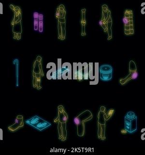Arthritis icons set. Isometric set of arthritis vector icons neon color on black Stock Vector