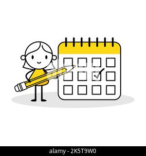 Woman check calendar. Female character with pencil. Concept mark on the calendar, work month projects planner and check events calendars. Vector stock Stock Vector