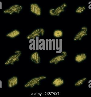 Crocodile icons set. Isometric set of crocodile vector icons neon color on black Stock Vector