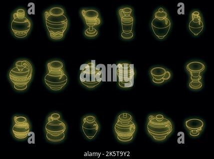 Amphora icons set. Isometric set of amphora vector icons neon color on black Stock Vector