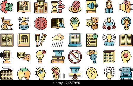 Learning disability icons set outline vector. Inclusive education. School test color thin line Stock Vector