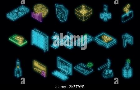 Cryptocurrency icons set. Isometric set of cryptocurrency vector icons neon color on black Stock Vector