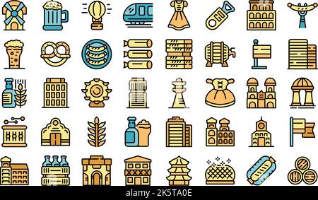 Munich icons set outline vector. City building. Skyline architecture thin line color flat on white Stock Vector