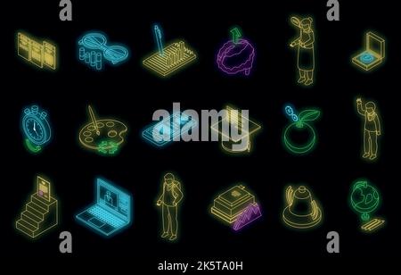 Education workflow icons set. Isometric set of education workflow vector icons neon color on black Stock Vector