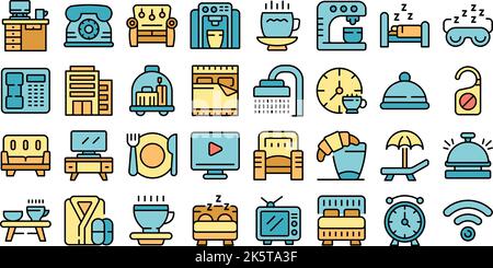 Coffee in bed icons set outline vector. Morning night. Relax breakfast thin line color flat on white Stock Vector