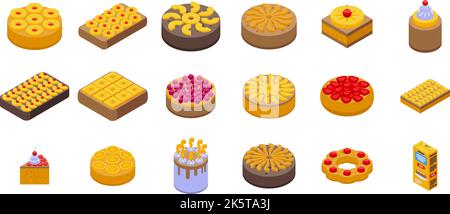 Upside-down cake icons set isometric vector. Pineapple tart. Baked food Stock Vector