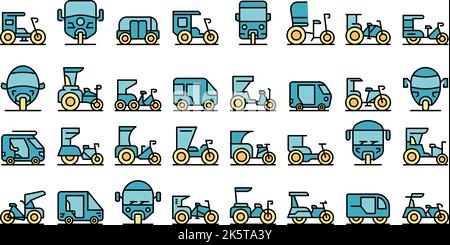 Trishaw icons set outline vector. Pedicab bicycle. Bike indian thin line color flat on white Stock Vector