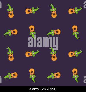 Halloween seamless pattern with smiling pumkins on purple background Stock Vector