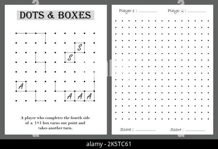 Dots and boxes note book game, kids activity notebook page, time pass kids game. Stock Vector