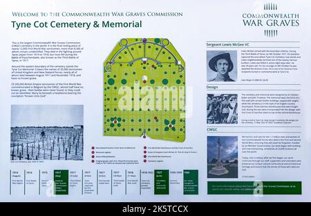 Informative board at Tyne Cot Commonwealth War Graves Cemetery and Memorial to the Missing for the dead of WW I, Passendale, West Flanders, Belgium. Stock Photo